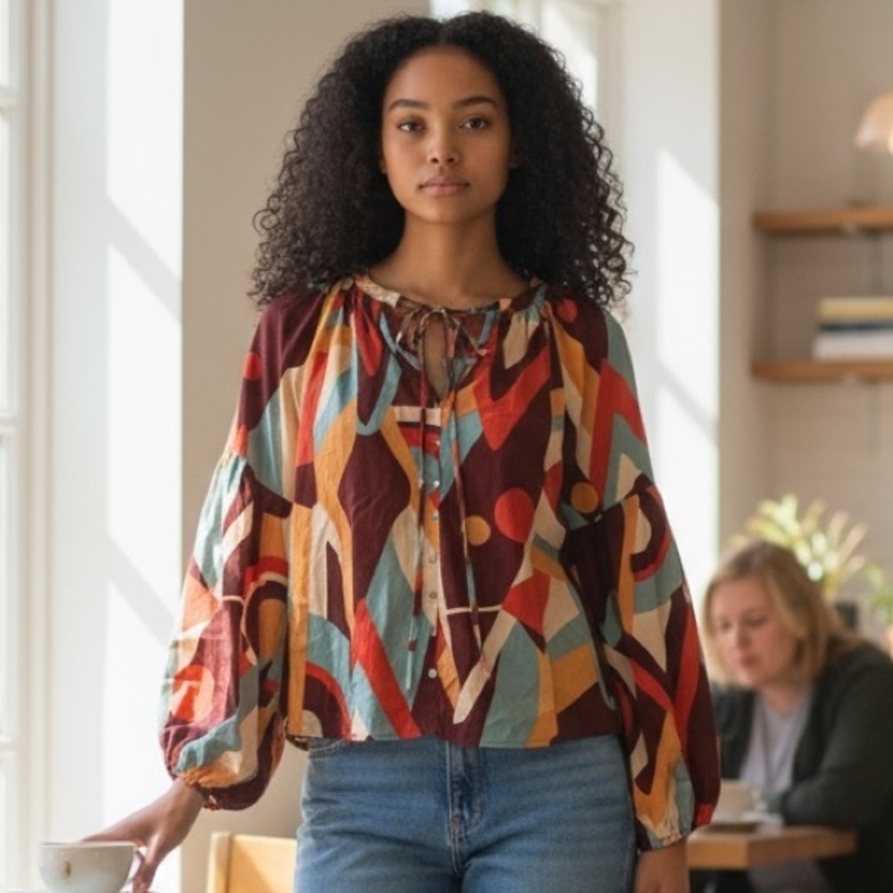 August Sky Colorful Geometric Button-Down Blouse